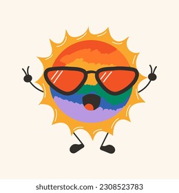 Cute happy funny rainbow sun with kawaii eyes . Vector illustration isolated