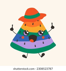 Cute happy funny rainbow watermelon with kawaii eyes . Vector illustration isolated