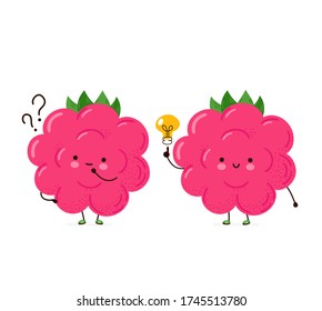 Cute happy funny raspberry with question mark and idea lightbulb. Vector cartoon character hand drawing style illustration. Isolated on white background