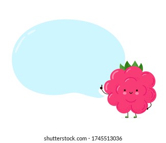 Cute happy funny raspberry with speech bubble. Vector cartoon character hand drawing style illustration. Isolated on white background