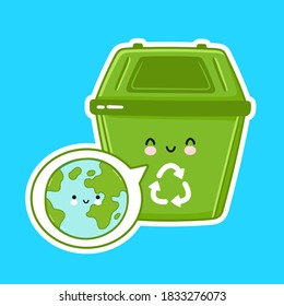 Cute happy funny recycle trash bin character with Earth in speech bubble. Vector cartoon character illustration icon design. Isolated on white background