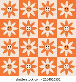 Cute happy funny retro flower seamless pattern on orange and white checkerboards. For wrapping paper, stationary, textile and home décor
