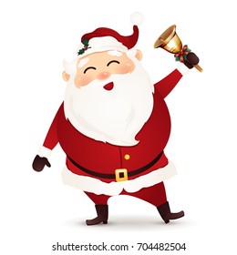 Cute, happy, funny Santa Claus with christmas gold jingle bells isolated on white background. Santa clause. Vector cartoon illustration.