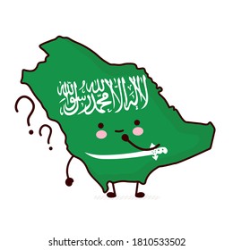 Cute happy funny Saudi Arabia map and flag character with question marks. Vector flat line cartoon kawaii character illustration icon. Isolated on white background. Saudi Arabia concept