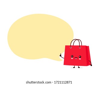 Cute happy funny shopping bags with speech bubble. Vector cartoon character illustration icon design.Isolated on white background