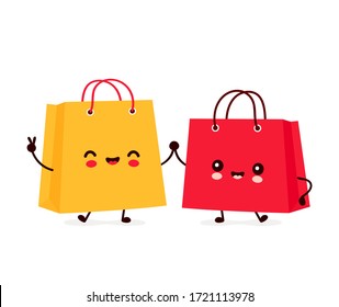 Cute happy funny shopping bags. Vector cartoon character illustration icon design.Isolated on white background svg