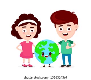 Cute happy funny smiling boy,girl and Earth planet. Boy show thumb up. Vector flat cartoon character icon design. Isolated on white background. Earth globe,friends,ecology concept