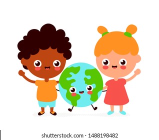 Cute happy funny smiling boy,girl and Earth planet. Vector flat cartoon character icon design. Isolated on white background. Earth globe,friends,ecology concept
