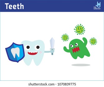 Cute happy funny smiling fighting tooth with caries.
Healthy teeth concept.
Protection disease cavities illustration. 
Vector flat cartoon character design
Isolated on white background. 