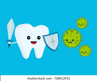 Cute happy funny smiling fighting tooth with caries. Disease battle. Tooth attacked by germs of cavities caries. Vector flat cartoon character illustration. Healthy teeth concept