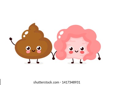 Cute Happy Funny Smiling Intestine And Poop Character.Vector Emoji Flat Cartoon Illustration Icon Design.Isolated On White Background.Intestine And Shit Friends,colon Mascot Face Character Concept