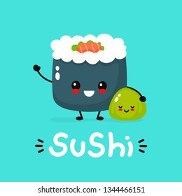 Cute happy funny smiling sushi,roll and wasabi. Vector flat cartoon character illustration icon design.Asian,japanese cuisine,china food. Japan sushi character, kids menu concept