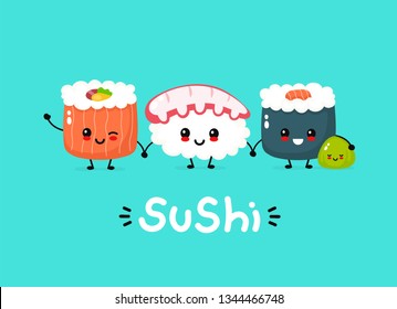 Cute happy funny smiling sushi,roll and wasabi. Vector flat cartoon character illustration icon design.Asian,japanese cuisine,china food. Japan sushi character, kids menu concept