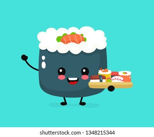 Cute happy funny smiling sushi,roll. Vector flat cartoon character illustration icon design.Asian,japanese cuisine,china food. Japan sushi character, delivery concept