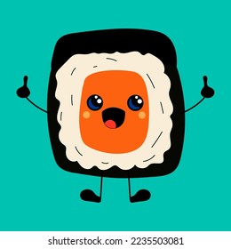 Sushi sonriente alegre y sonriente, rollo con ojos kawaii. Vector al estilo de las caricaturas. Todos los elementos están aislados	