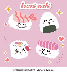 Cute happy funny smiling sushi,roll and wasabi. Vector flat cartoon character illustration icon design.Asian,japanese cuisine,china food. Japan sushi character, kids menu concept
