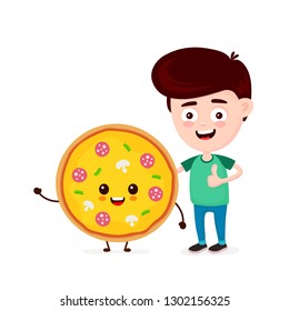 Cute happy funny smiling young man and pizza. Boy show thumb up. Vector flat cartoon character icon design. Isolated on white background. Pizza,friends,fast food cafe,pizzeria kids menu concept