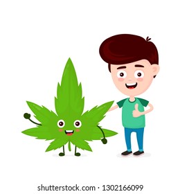 Cute happy funny smiling young man and marijuana leaf.Boy show thumb up. Vector flat cartoon character icon.Isolated on white background.Weed, marijuana. ganja, medical and recreation cannabis concept