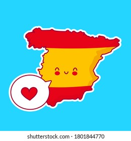 Cute happy funny Spain map and flag character with heart in speech bubble. Vector flat line cartoon kawaii character illustration icon. Spain concept