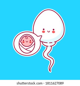 Célula de esperma y bebé alegres en burbuja de habla. Dibujo de línea plana vectorial kawaii icono de ilustración de personaje. Concepto de fertilización