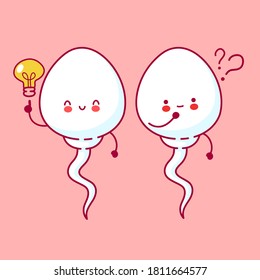 Celda de esperma alegre con signo de interrogación y bombilla de ideas. Dibujo de línea plana vectorial kawaii icono de ilustración de personaje. Concepto de fertilización