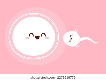 Cute happy funny sperm cell and Ovum. Vector flat line cartoon. illustration. Fertilization concept.