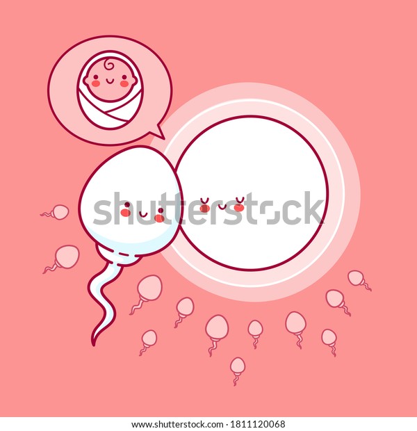可愛い幸せなおかしな精子細胞 卵と赤ちゃんが泡を吹いている ベクター平線カートーンのカワイイ文字のイラストアイコン 受精のコンセプト のベクター画像素材 ロイヤリティフリー