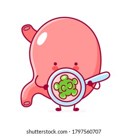 Cute happy funny stomach organ look at bacteria in magnifier. Vector flat line cartoon kawaii character illustration icon. Isolated on white background

