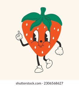 Cute happy funny Strawberry 30s cartoon mascot character 40s, 50s, 60s old animation style.