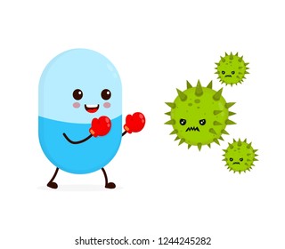 Cute happy funny strong capsule pill in boxing gloves fight with bacteria microorganism virus. Vector flat cartoon character illustration icon design. Pill, health, medical antibiotic concept
