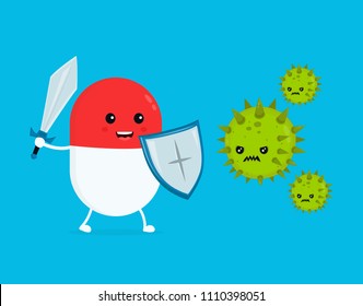 Cute happy funny strong pill guardian with sword and shield fight with bacteria microorganism virus. Vector flat cartoon character illustration icon design.  Pill, health, medical antibiotic concept