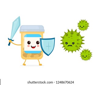 Cute happy funny strong pill bottle with sword and shield fight with bacteria microorganism virus. Vector flat cartoon character illustration icon design.  Pill, health, medical antibiotic concept