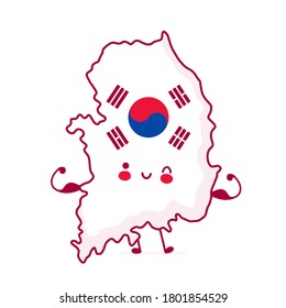 Cute happy funny strong South Korea map and flag character. Vector flat line cartoon kawaii character illustration icon. Isolated on white background. South Korea concept