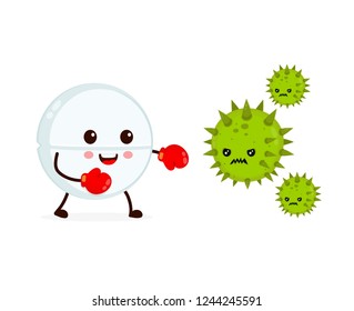 Cute happy funny strong tablet in boxing gloves fight with bacteria microorganism virus. Vector flat cartoon character illustration icon design. Tablet, health, medical antibiotic concept
