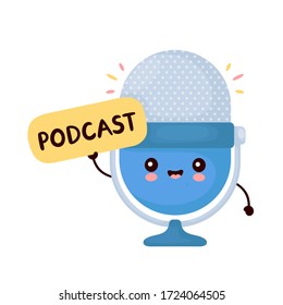 Un gracioso y alegre micrófono de estudio sostiene un signo de podcast. Icono de ilustración de personaje de dibujos animados.Aislado sobre fondo blanco