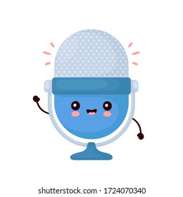 Cute happy funny studio podcast microphone. Vector cartoon character illustration icon design.Isolated on white background