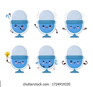 Cute Happy Funny Studio Podcast Microphone Set Collection. Vector Cartoon Character Illustration Icon Design.Isolated On White Background