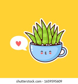 Cute happy funny succulent plant in cup with speech bubble. Vector flat cartoon kawaii character illustration icon design. Succulents love concept