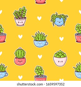 Cute happy funny succulents plants seamless pattern. Vector flat cartoon kawaii character illustration icon design. Succulents,cactus,hearts seamless pattern concept