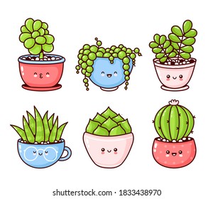 Cute happy funny succulents plants,cacti,flower emoji set collection.Vector cartoon kawaii character illustration.Scculents,flowerpot,cactus plants stickers bundle concept.Isolated on white background