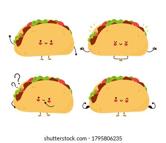 Cute glückliche lustige Taco Set-Kollektion. Einzeln auf weißem Hintergrund. Vektorgrafik-Charakter handgezeichnet, Illustration