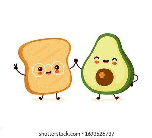 Cute happy funny toast and avocado. Vector cartoon character illustration icon design.Isolated on white background svg