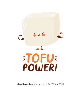 El alegre y divertido músculo del show de tofu. Ilustración del estilo de dibujo de la mano del personaje de dibujos animados. Aislado sobre fondo blanco. Tarjeta de alimentación tofu