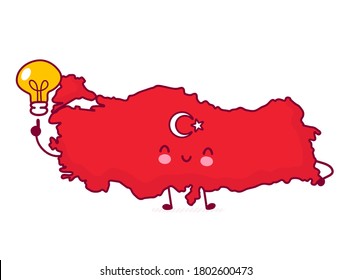 Hübsche lustige türkische Karte und Flaggencharakter mit Ideenlampe. Vektorgrafik mit flacher Linie Kawaii Zeichentricksymbol. Einzeln auf weißem Hintergrund. Türkei-Konzept