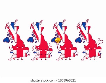 Cute happy funny United Kingdom map and flag character. Vector flat line cartoon kawaii character illustration icon. Isolated on white background. UK, England concept