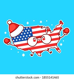 Cute happy funny USA map and flag character in christmas hat. Vector flat line cartoon kawaii character illustration icon. USA, United States of America christmas, new year concept
