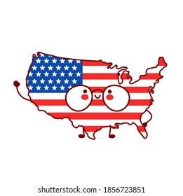 Cute happy funny USA map and flag character. Vector flat line cartoon kawaii character illustration icon. Isolated on white background. USA, United States of America concept
