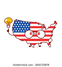 Cute alegre y divertido mapa de EE.UU. y personaje de bandera con bombilla de ideas. Dibujo de línea plana vectorial kawaii icono de ilustración de personaje. Aislado sobre fondo blanco. Concepto de los Estados Unidos de América, Estados Unidos de América
