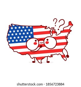Cute feliz y divertido mapa de EE.UU. y personaje de la bandera con signo de interrogación. Dibujo de línea plana vectorial kawaii icono de ilustración de personaje. Aislado sobre fondo blanco. Concepto de los Estados Unidos de América, Estados Unidos de América
