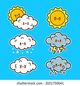 Cute happy funny weather icons. Vector hand drawn cartoon kawaii character illustration sticker logo icon. Cute happy cloud,sun,rain,snow, storm cartoon character concept